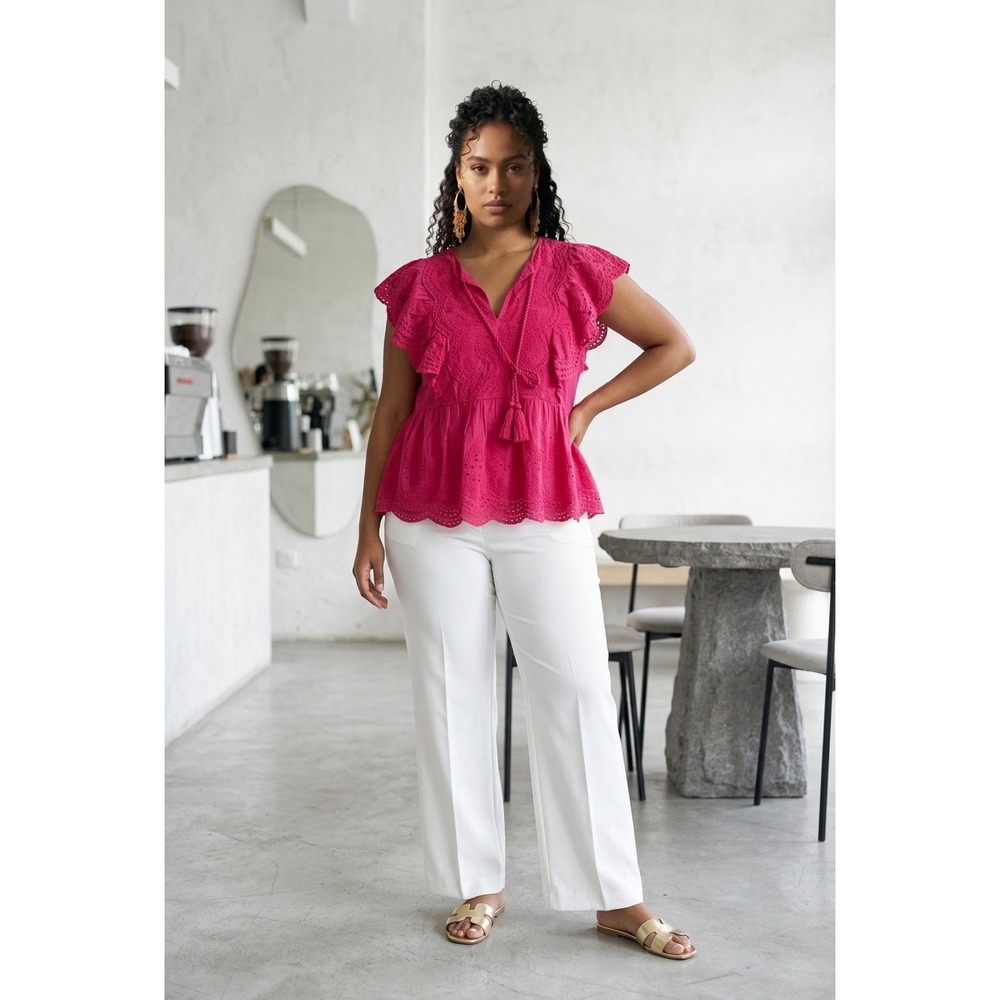 Jennifer & Grace Raspberry Pink Eyelet Ruffle Peplum Blouse Tassel Top L